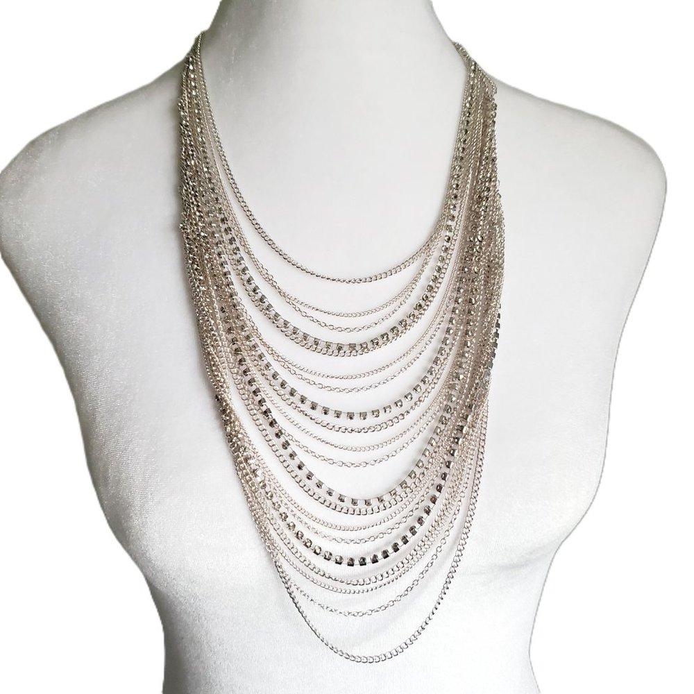 Multi-strand Silver Statement Bib Necklace Layered Chains Strands & Rhinestones